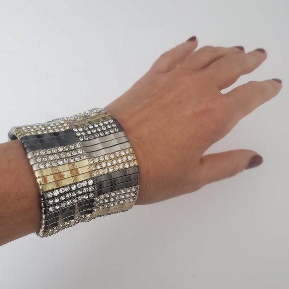 Gorgeous Mixed Metal Stretch Cuff Bracelet Rhinestones Romantic Goth whimsigoth - Picture 2 of 4